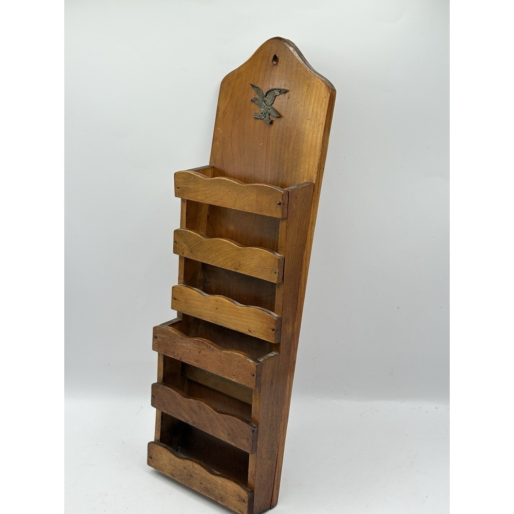 Vintage Colonial Hanging Wood Mail Holder Rack Eagle Accent Americana MCM Japan